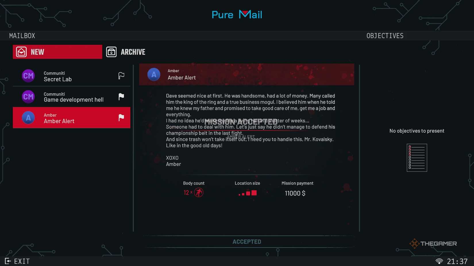 Crime Scene Cleaner Amber Alert mission screen.