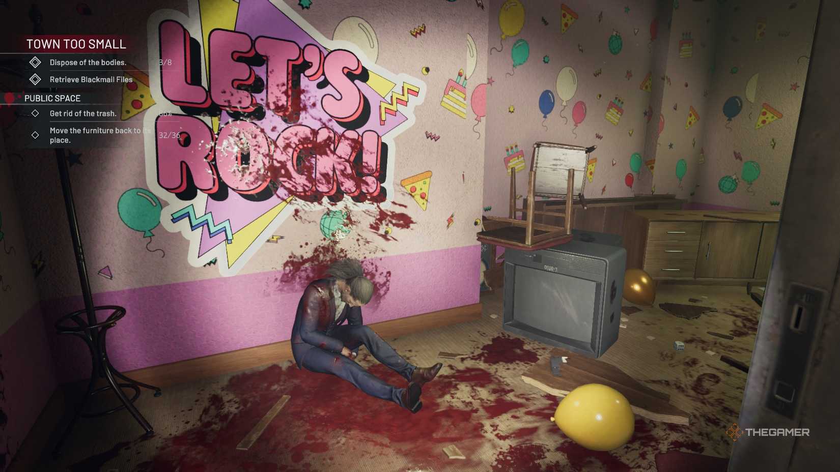 Crime Scene Cleaner party venue with dead bodies and Let's Rock! written on the wall.