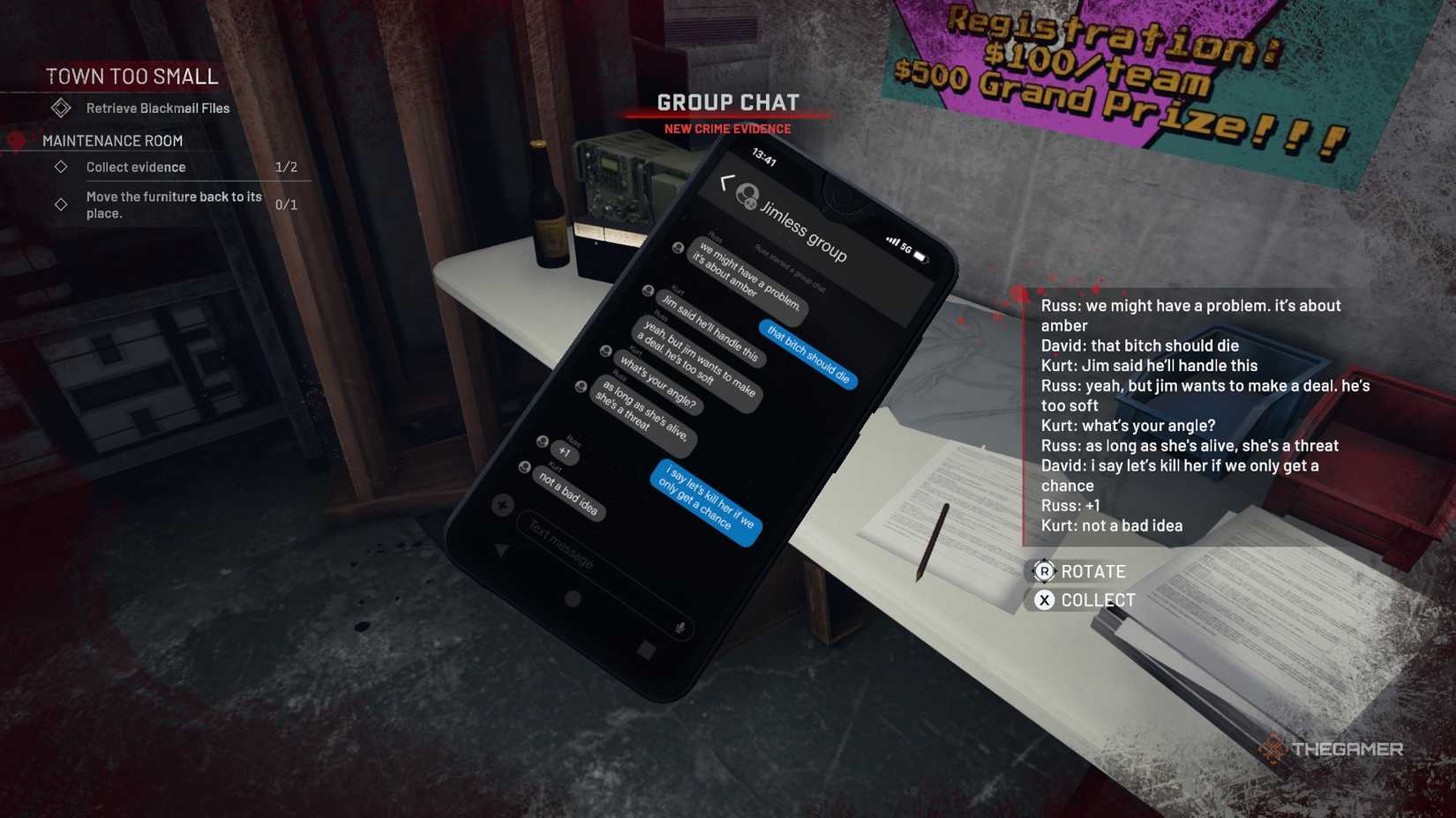 Crime Scene Cleaner phone evidence in the maintenance room.