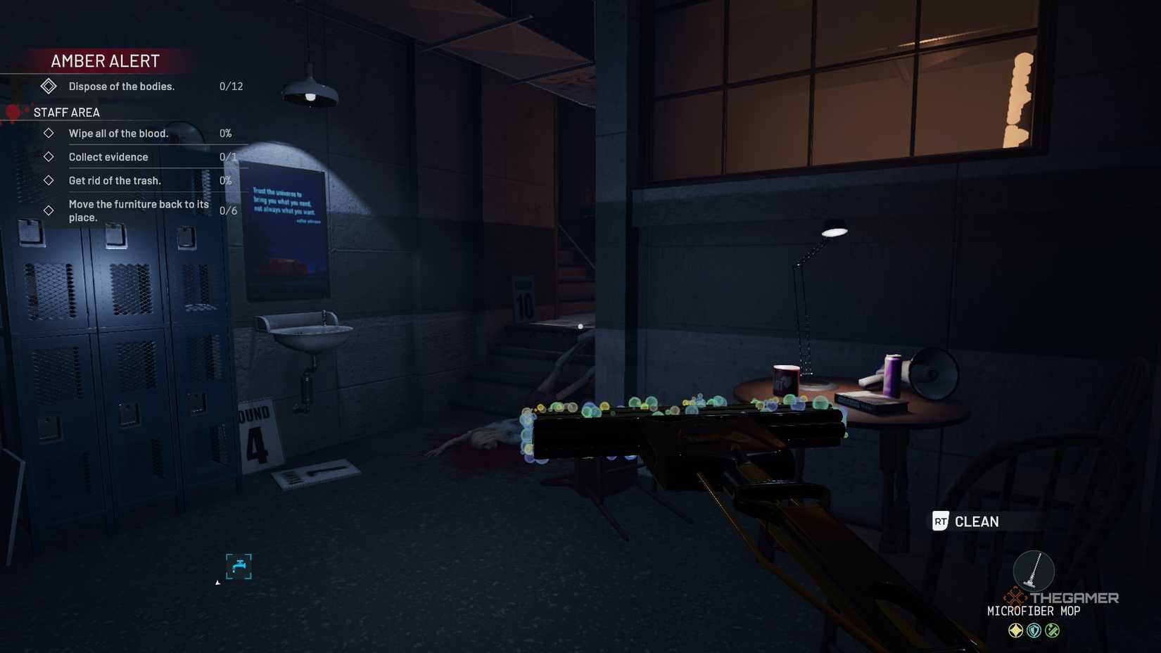 Crime Scene Cleaner Personal Area showing mop and cabinet.