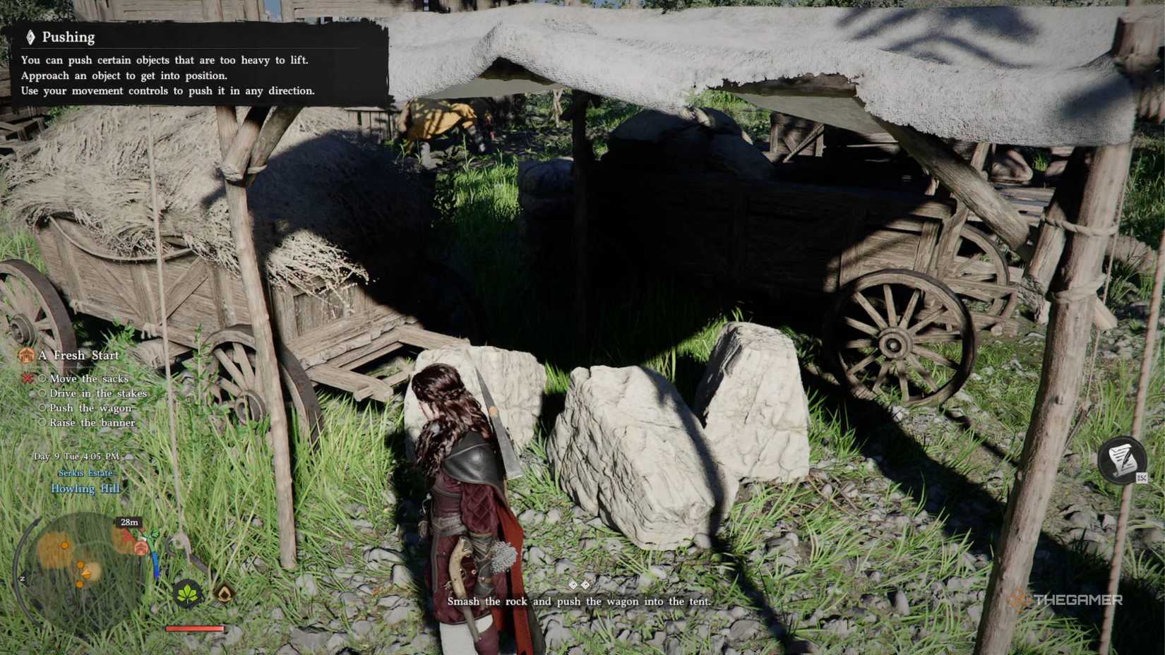 Crimson desert rocks are blocking the vehicle's path.