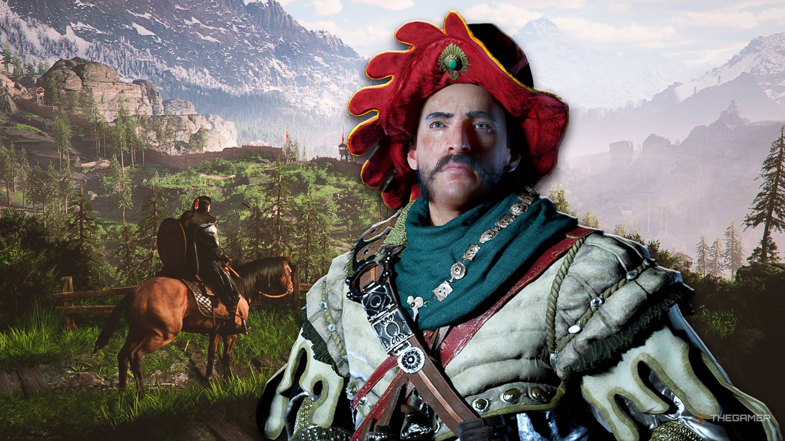 Crimson Desert character in front of Kliff riding a horse.