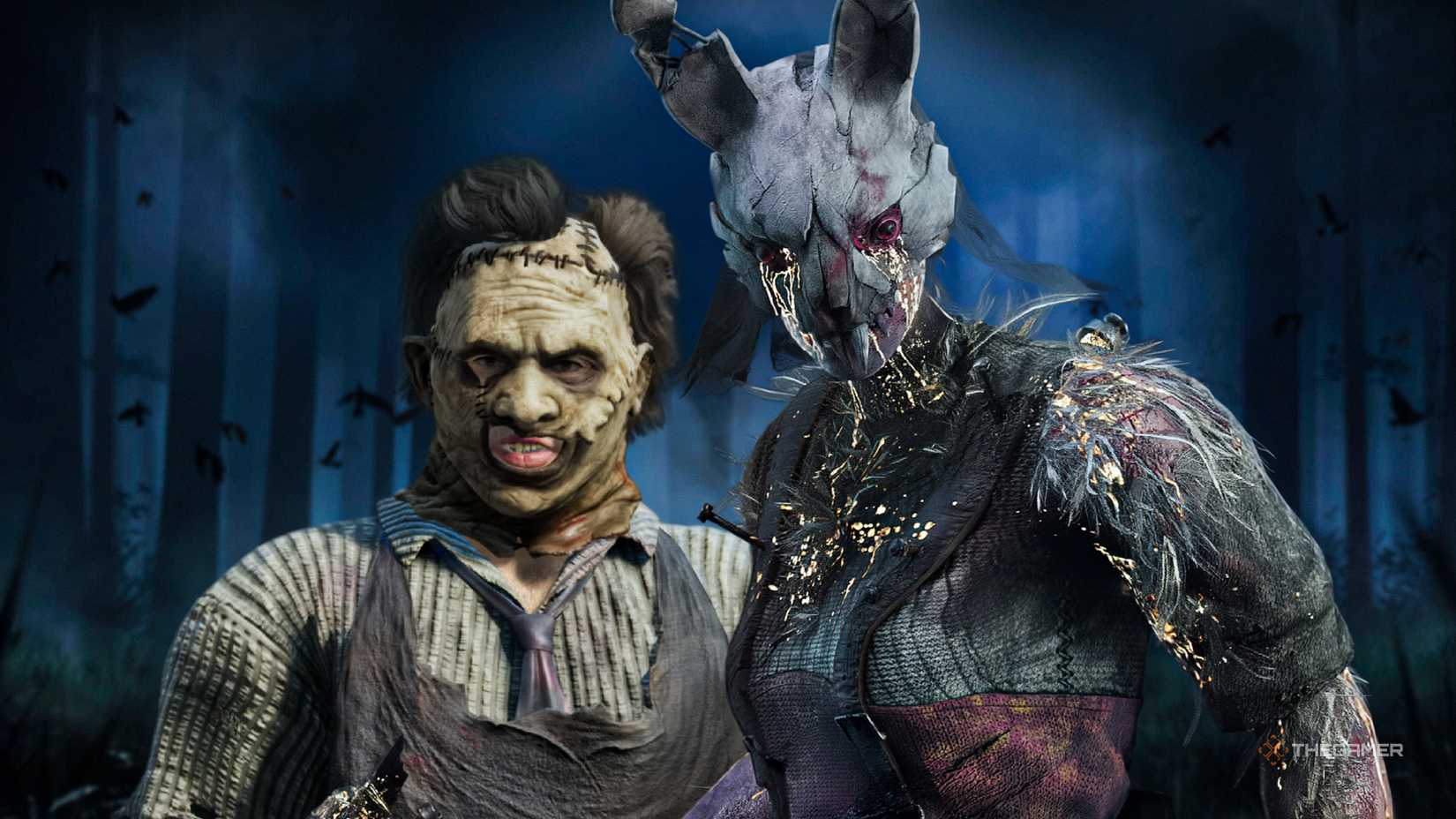 Dead by Daylight killer and Leatherface from Texas Chain Saw Massacre side by side in the woods.