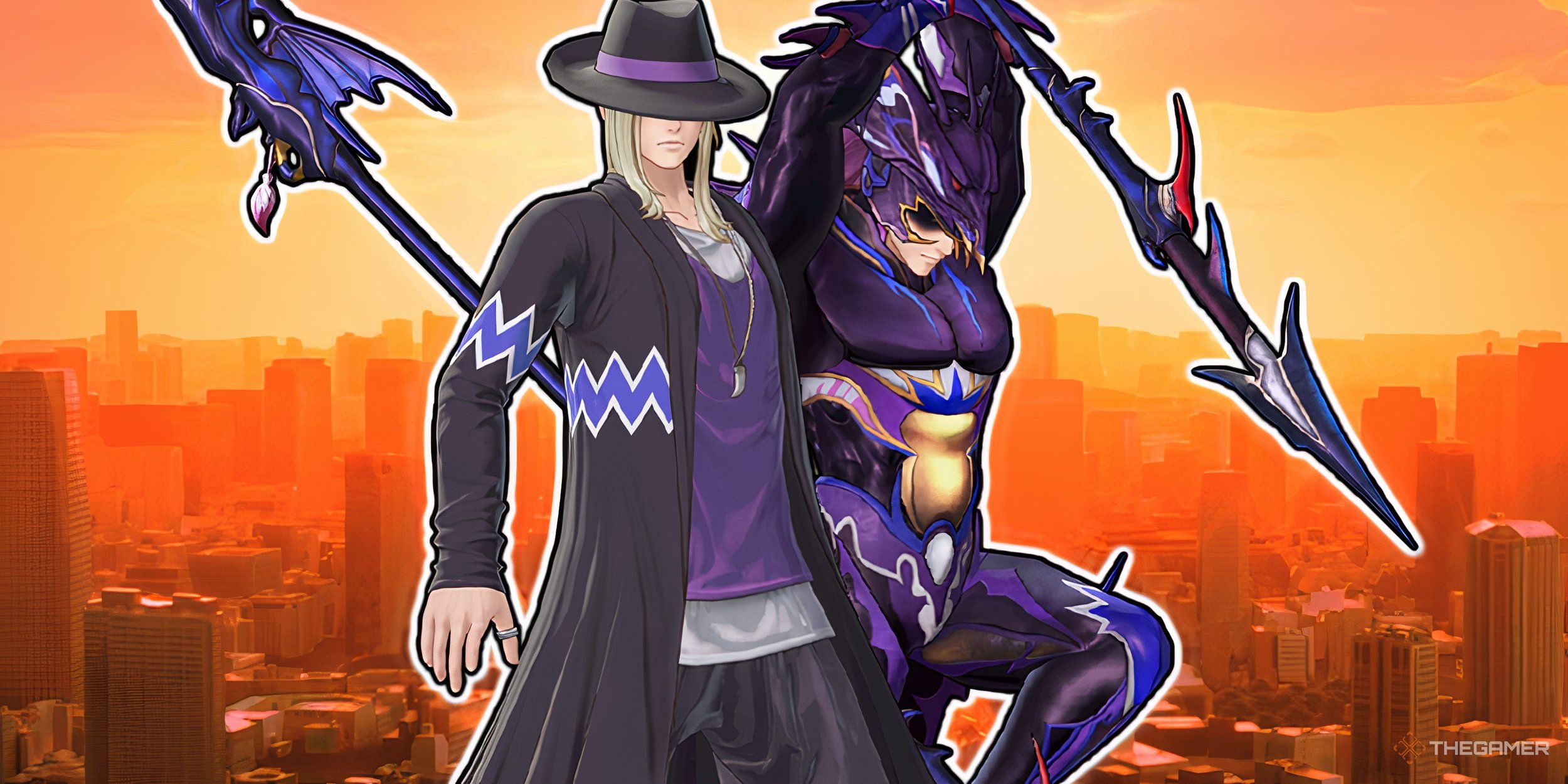 Dissidia Duellum Final Fantasy Collage of Kain Highwind on an orange background.