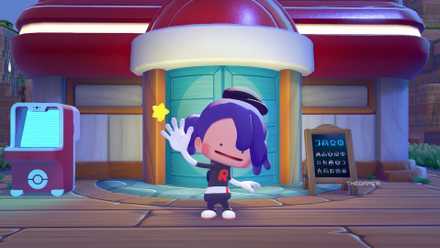 Ditto waves in front of the Pokémon Center in Pokémon Pokopia.