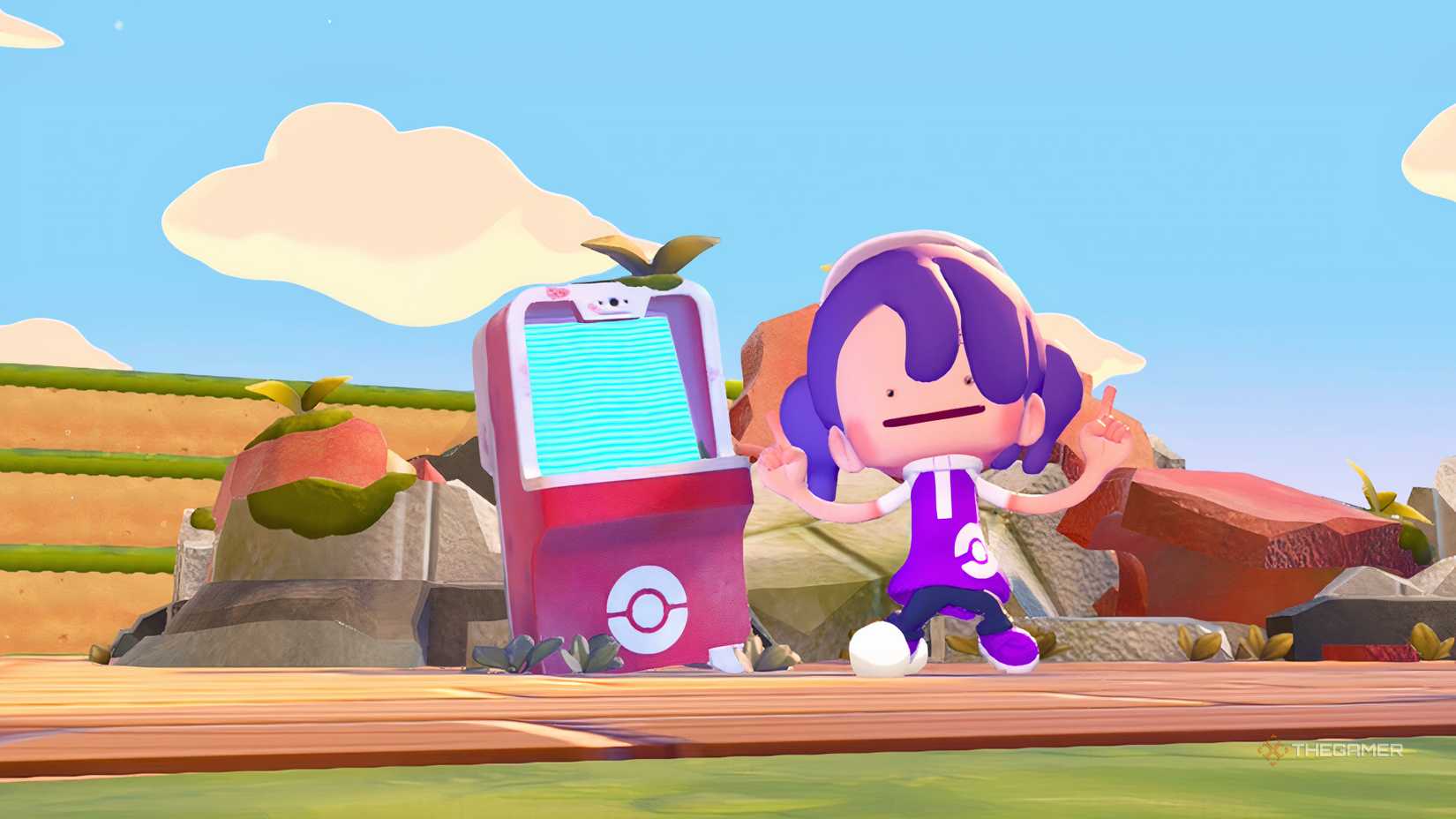 Ditto waving next to a PC in Pokemon Pokopia.