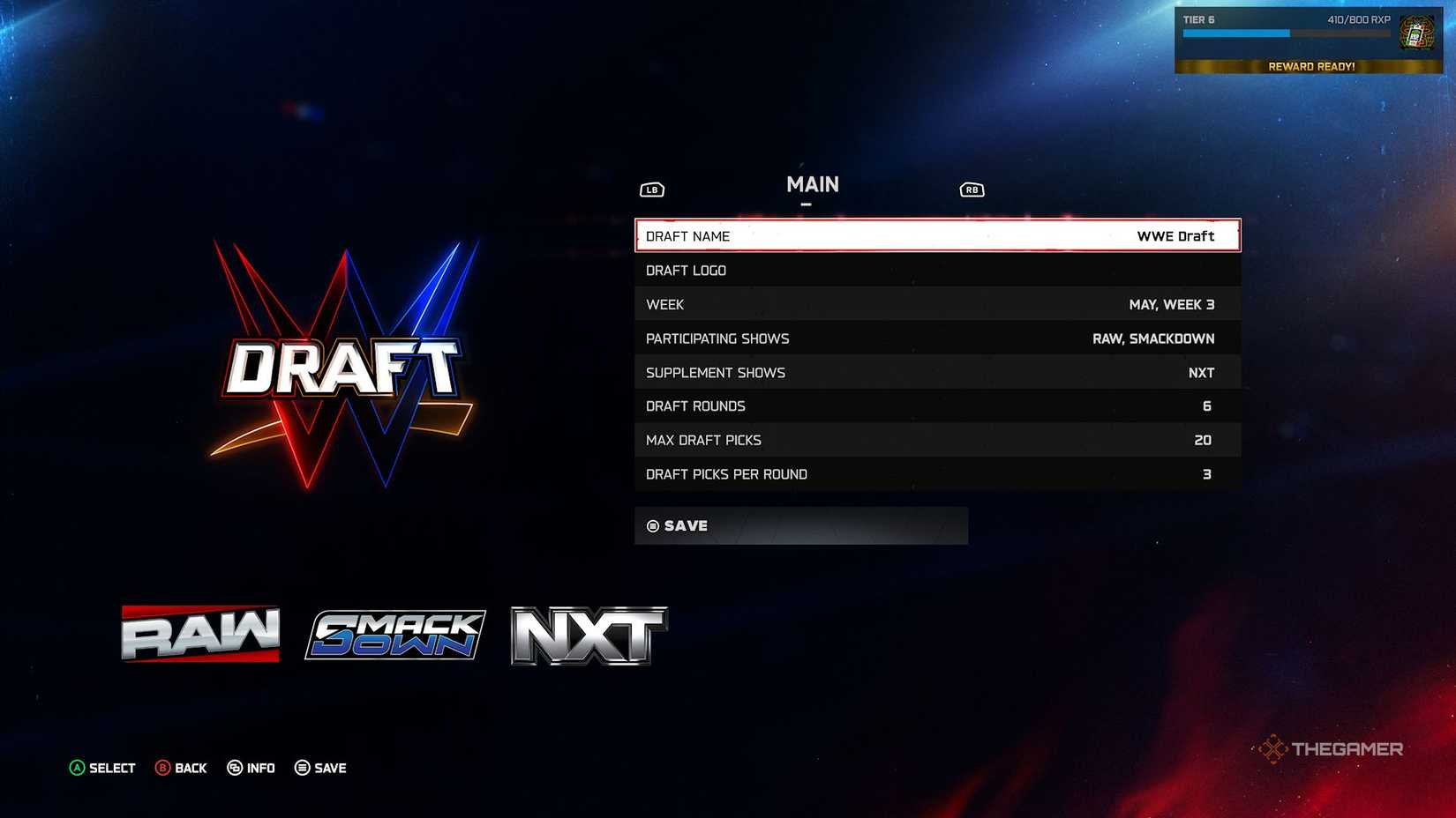 Draft menu in WWE 2K26.
