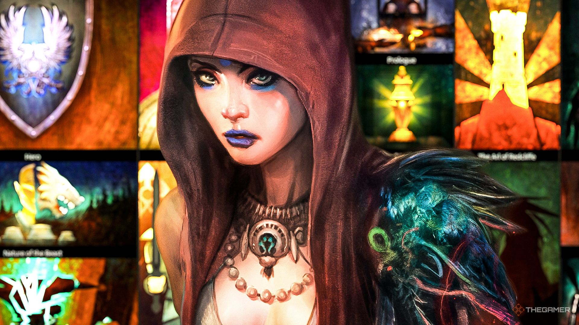 Morrigan in front of the various choices you can make in Dragon Age: Origins.