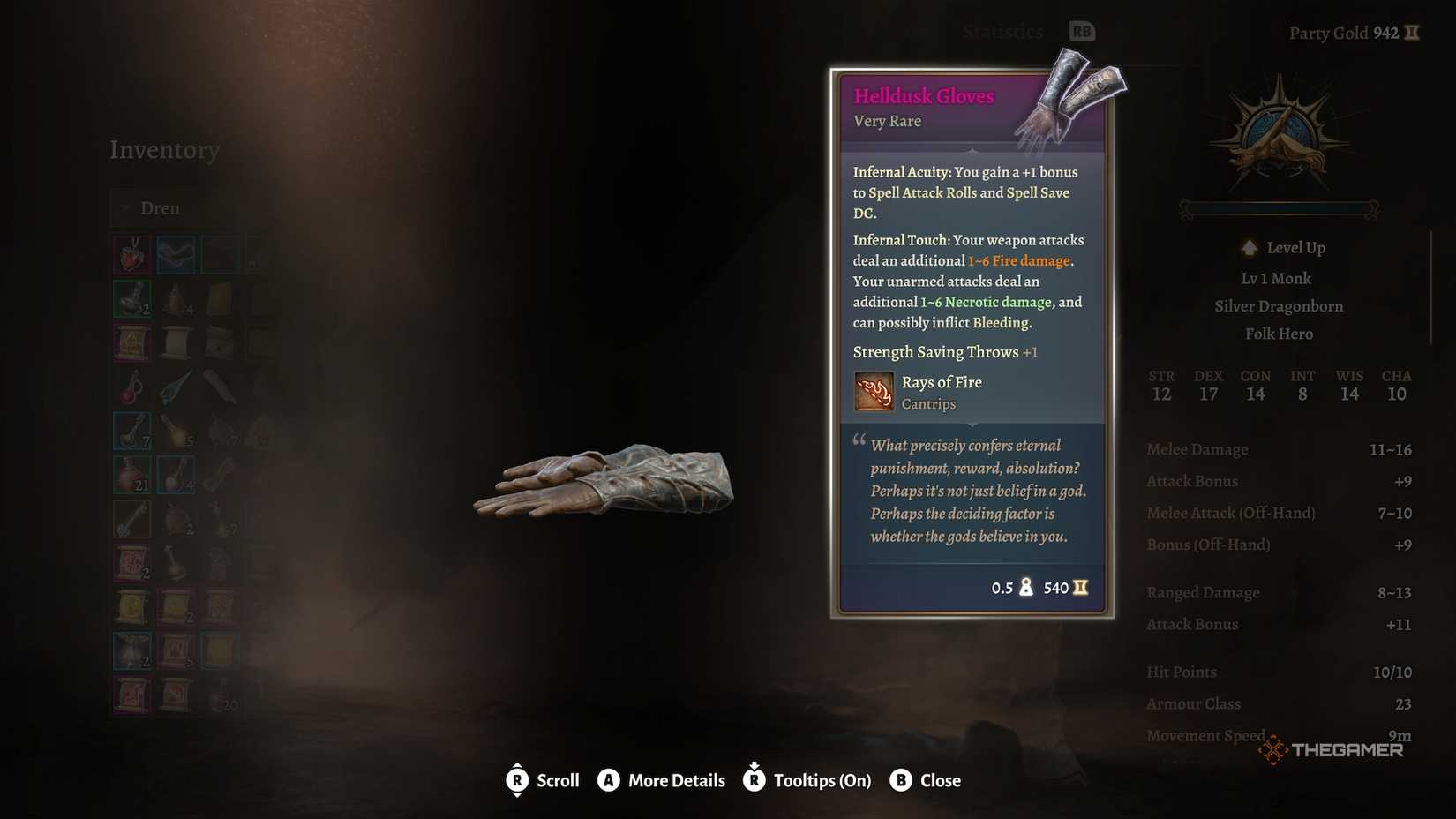 Examining the Helldusk Gloves in Baldur's Gate 3.