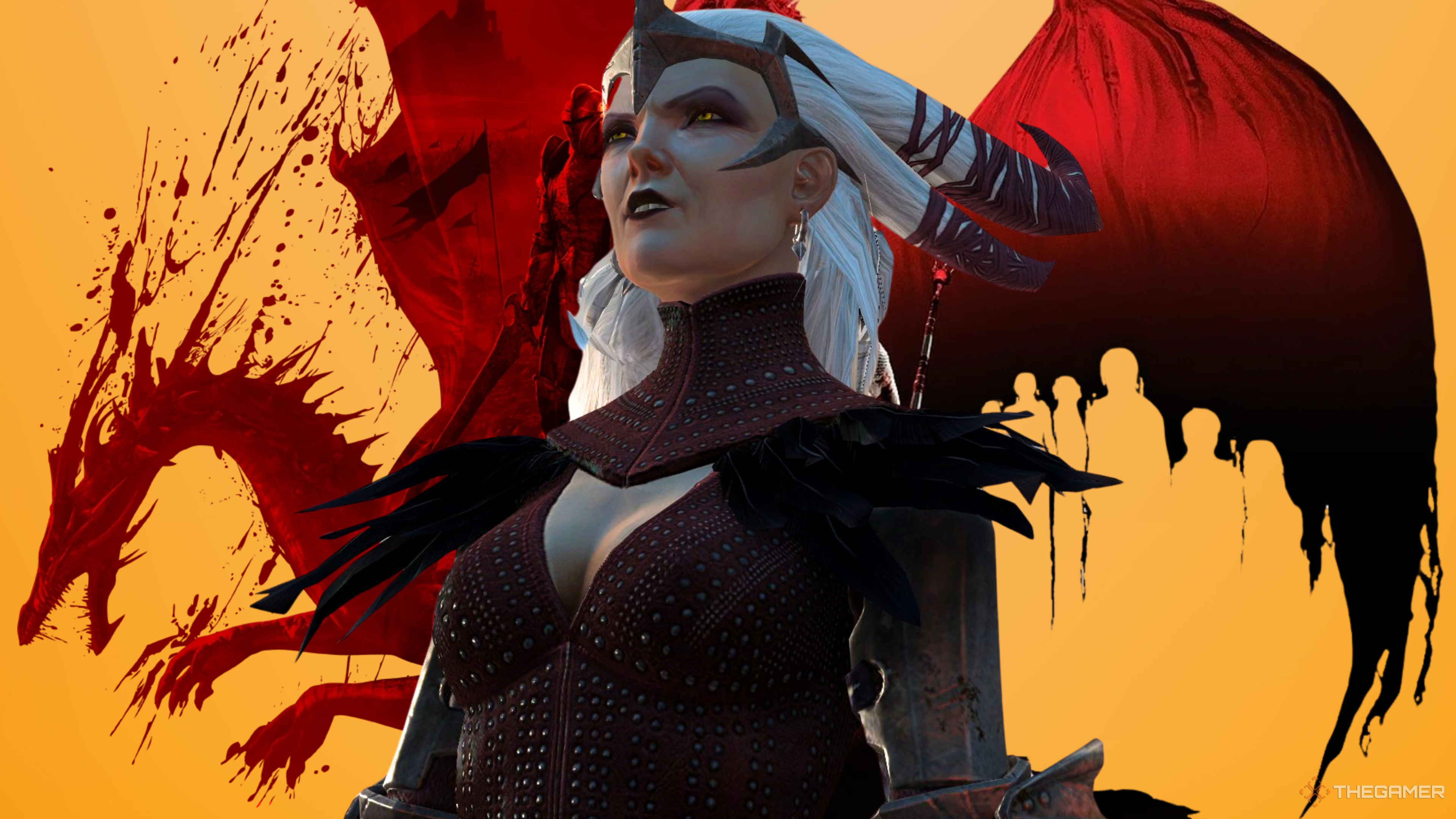 Flemeth from Dragon Age 2, editing in front of images of red dragons. She is an older looking witch with yellow eyes, white hair, and wearing a crown-like headband.