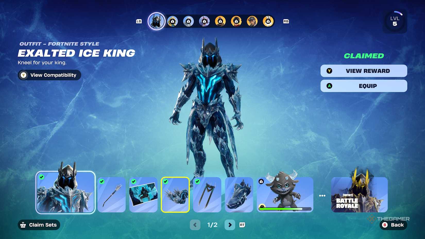 Fortnite Battle Pass page featuring Exalted Ice King.
