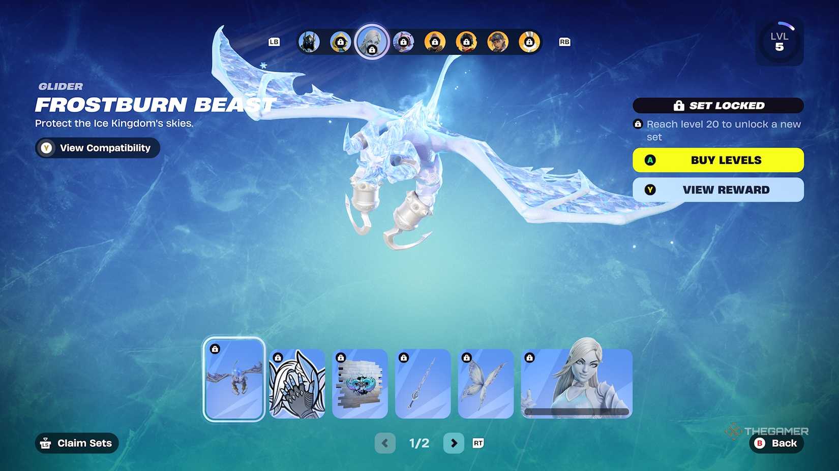 Fortnite Battle Pass page 1 featuring the Lady Windfrost glider.