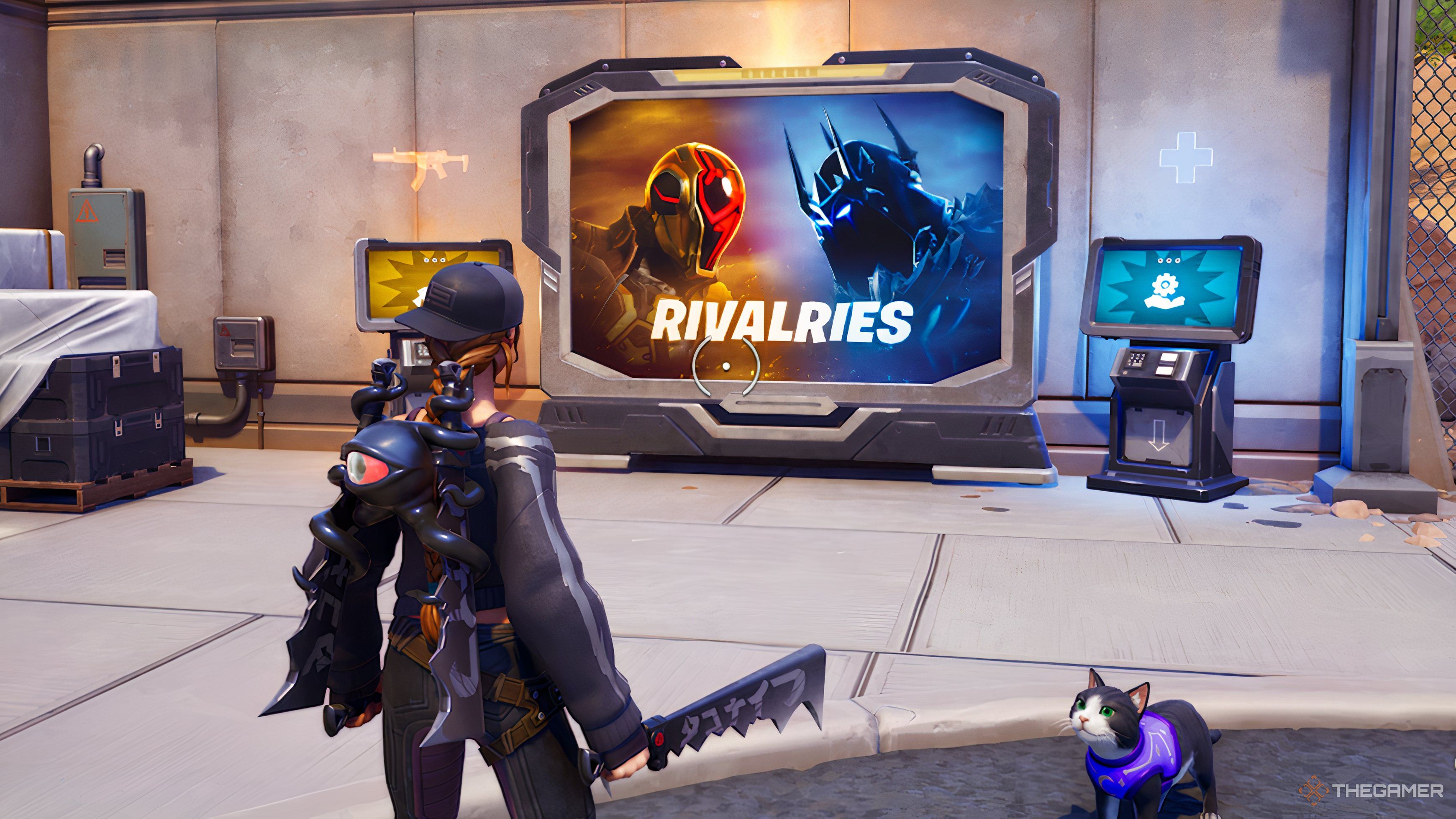 Fortnite Chapter 7 Season 2 character dressed in black looking at the Rivalries board.