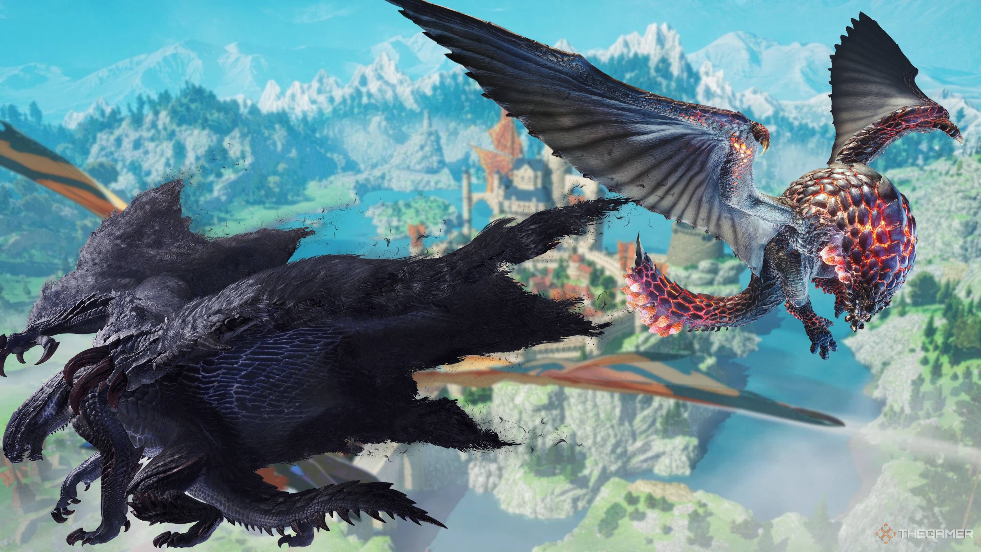 Gore Magala and Bazelgeuse on a blurred background of Azuria from MOnster Hunter Stories 3.