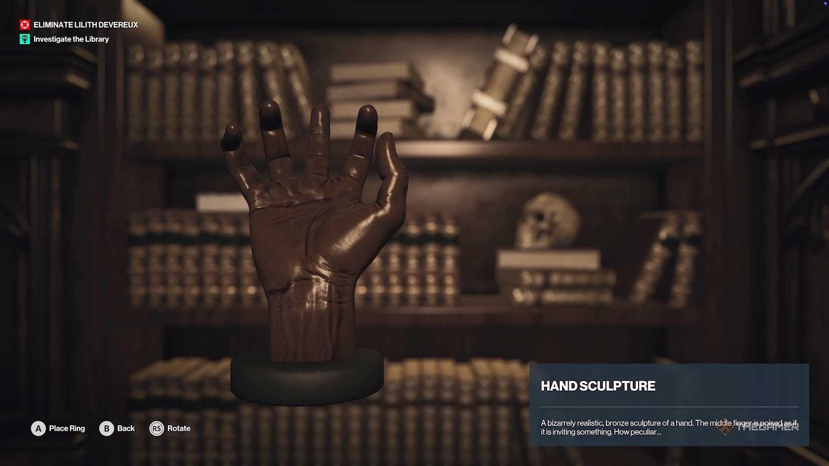 Holding a Hand Sculpture in Hitman World of Assassination. 