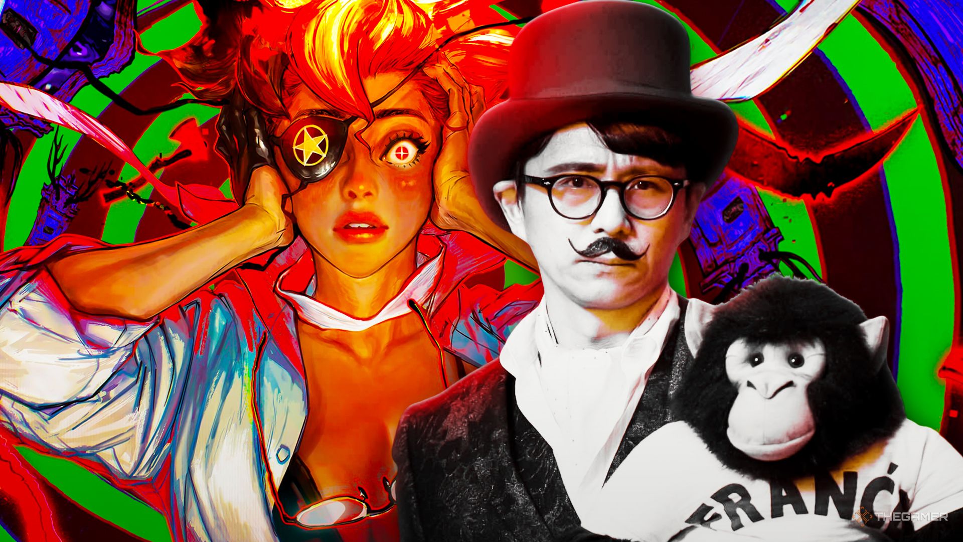 A collage showing the promotional art of Hotel Barcelona and Swery wearing a hat and grabbing a monkey plushie.