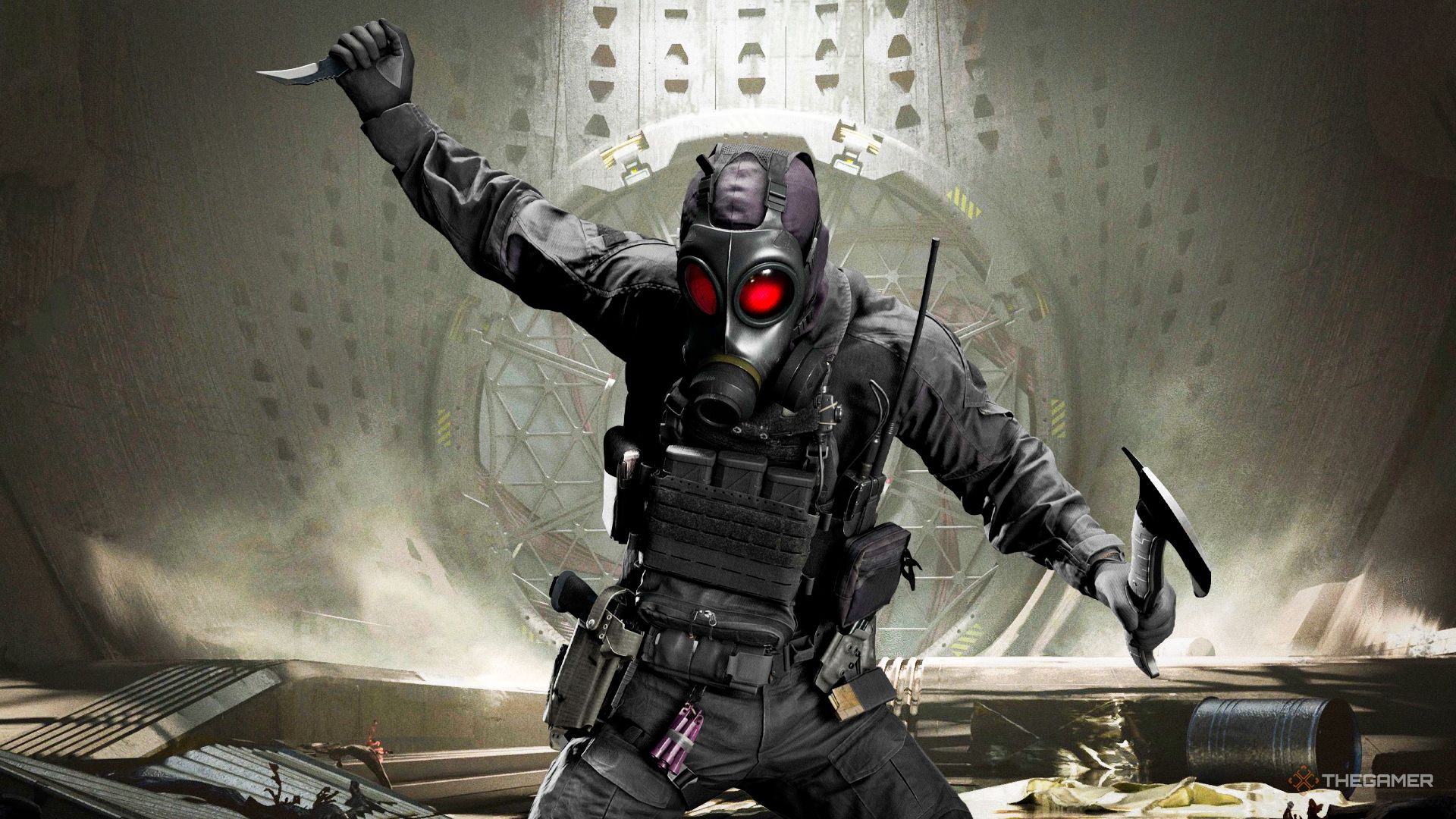 Hunk posing in front of concept art for Resident Evil Requiem.