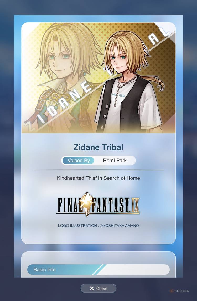 Zidane Tribal's info card in Dissidia Duellum Final Fantasy.
