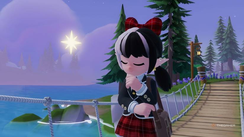 A player thinking about himself on a bridge in Heartopia.