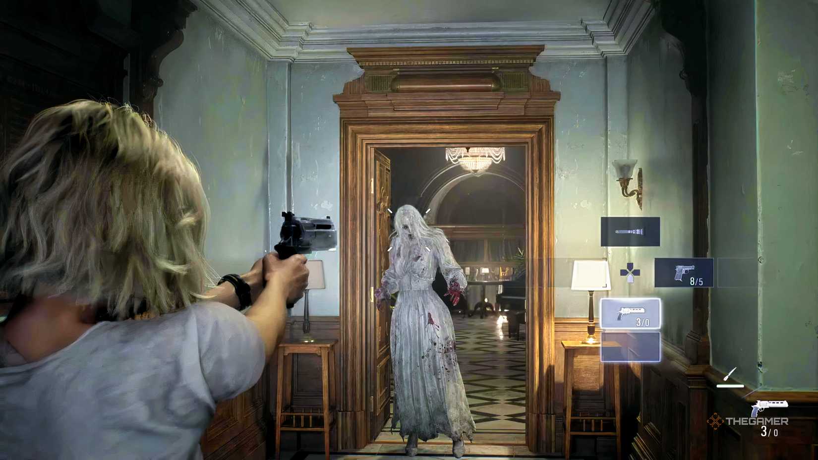 Grace is shooting zombies singing Requiem in Resident Evil Requiem.