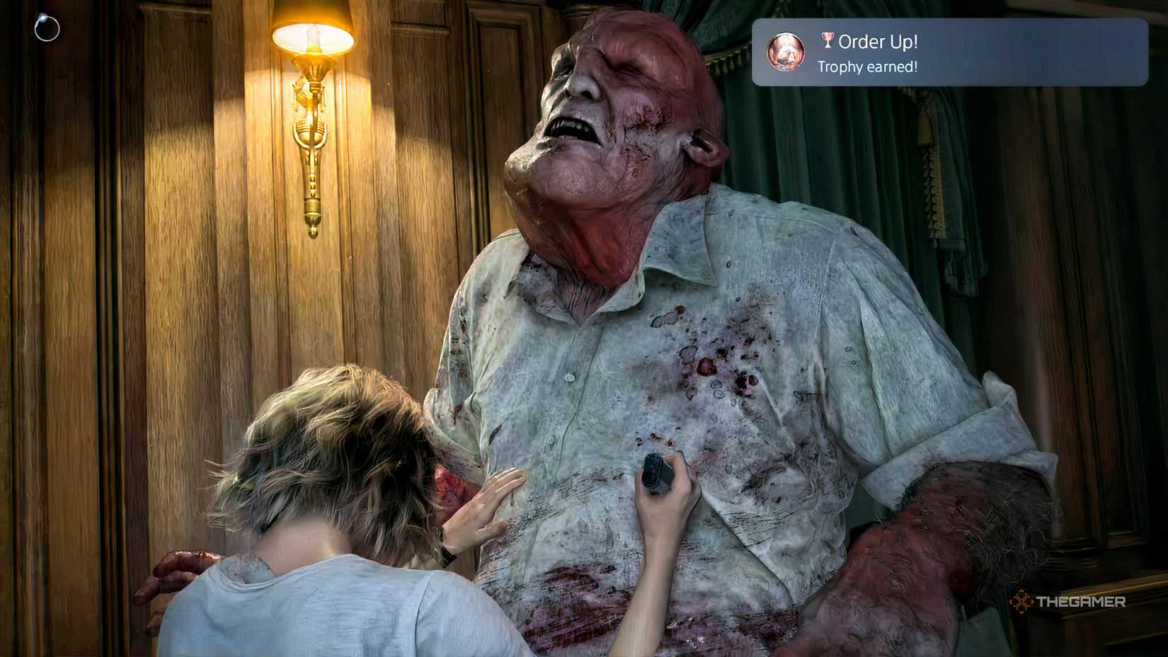Grace using the dragon blood syringe on the chef in Resident Evil Requiem.