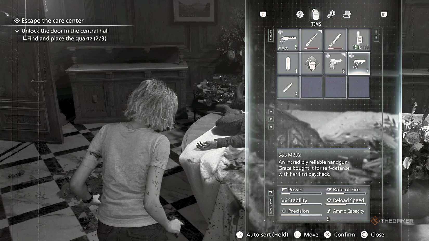 A few guns in Grace's inventory in Resident Evil Requiem.