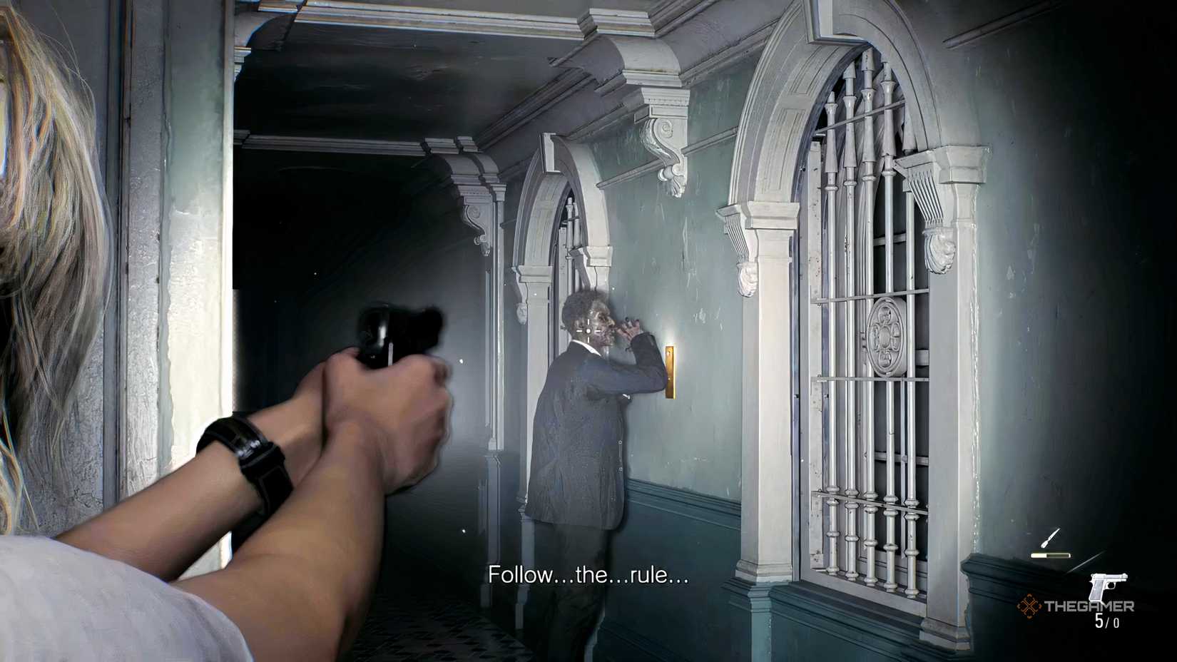 In Resident Evil Requiem, Grace aims a headshot at an infected person.