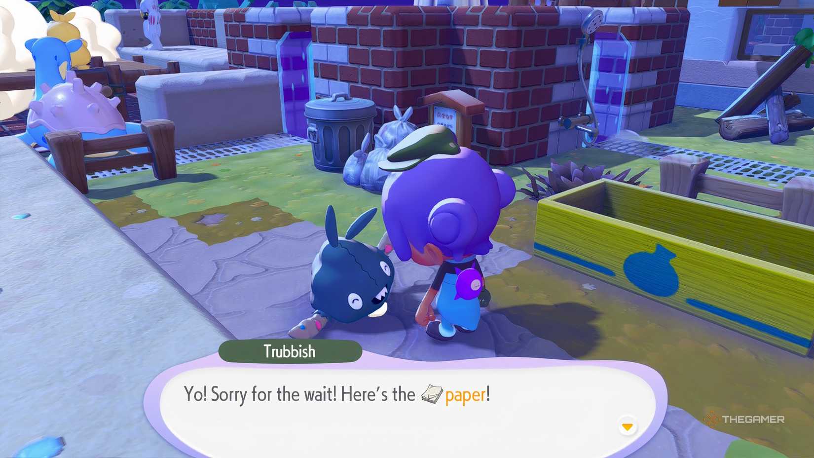 Ditto pape rin Trubbish offering the Pokémon Pokopia.