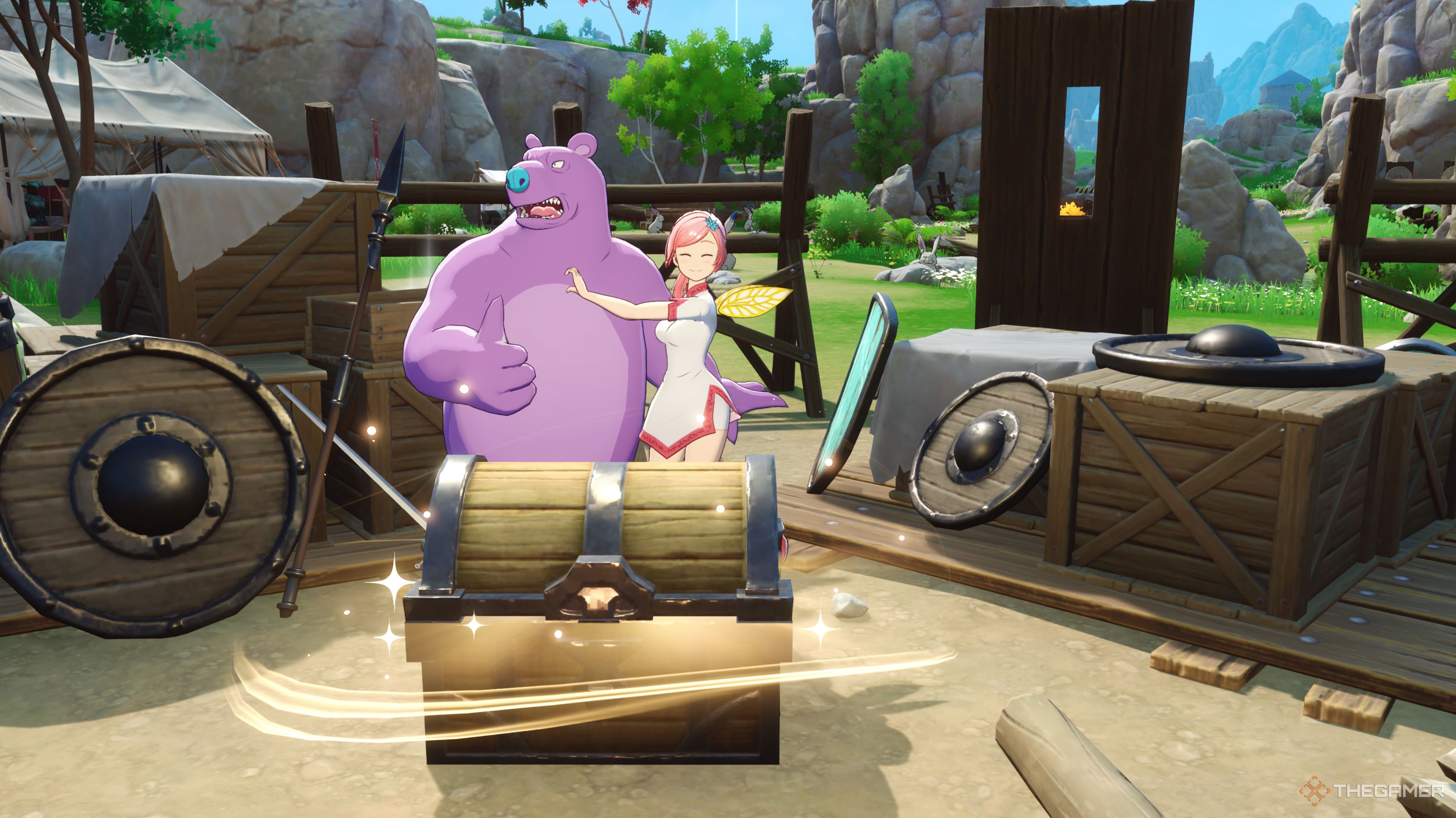 Teoreh and his bear posing in front of a treasure chest in The Seven Deadly Sins: Origins.