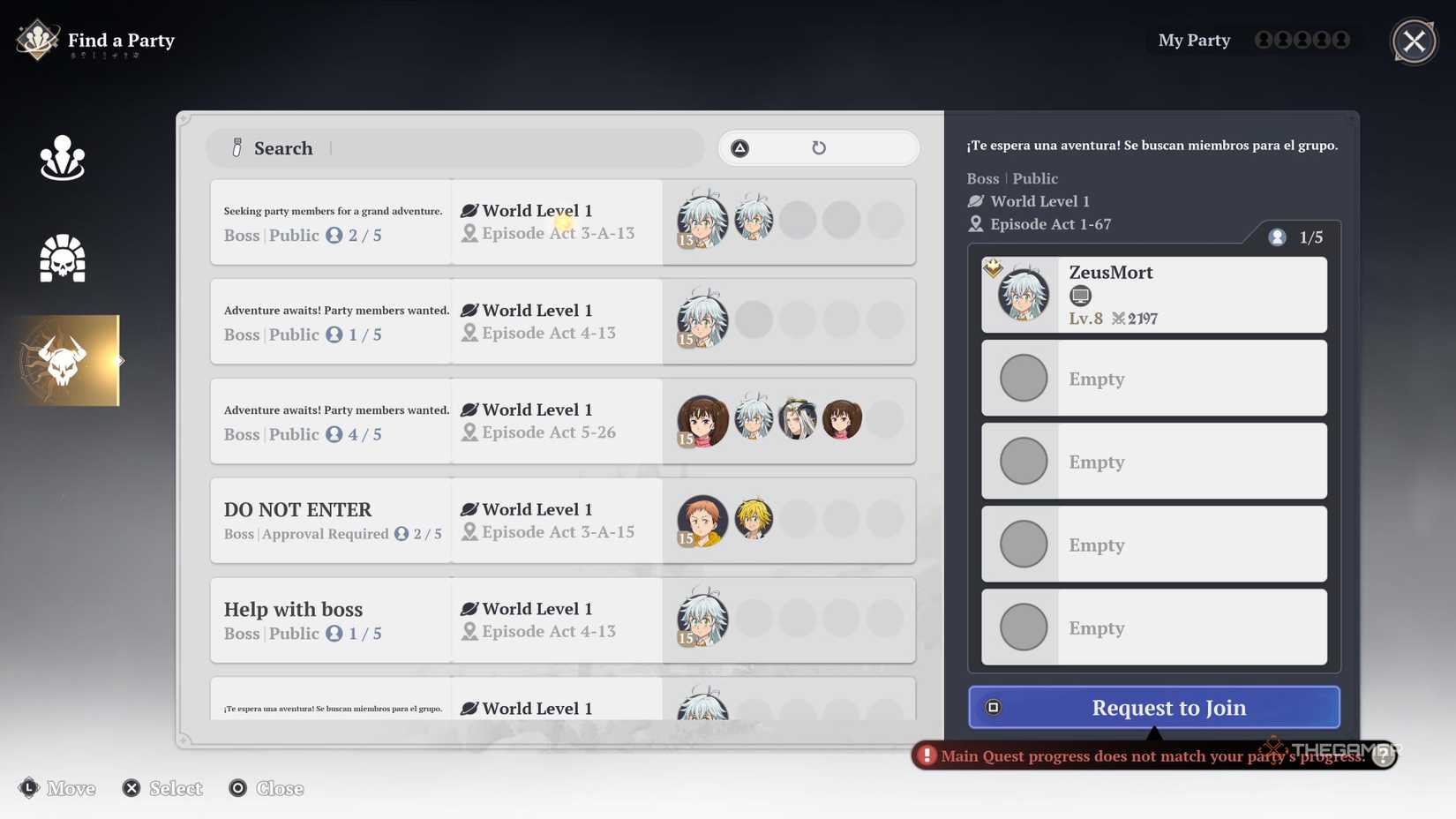 Exploring the party screen in The Seven Deadly Sins: Origins.