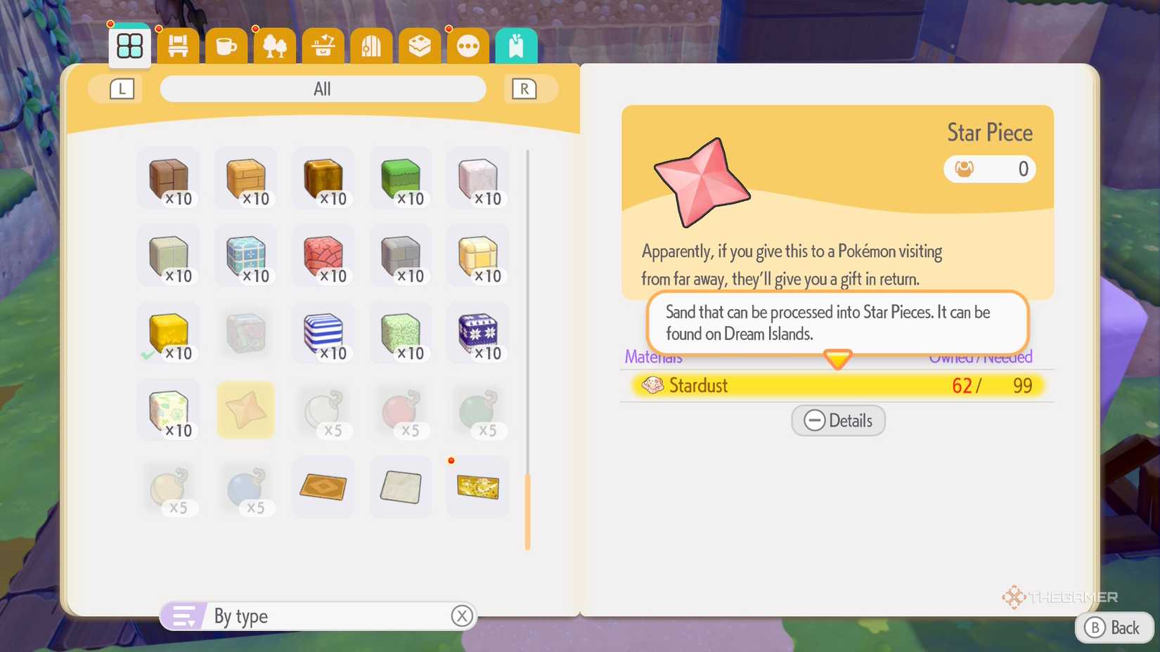The menu for creating Star Piece in Pokemon Pokopia.IMG_4164