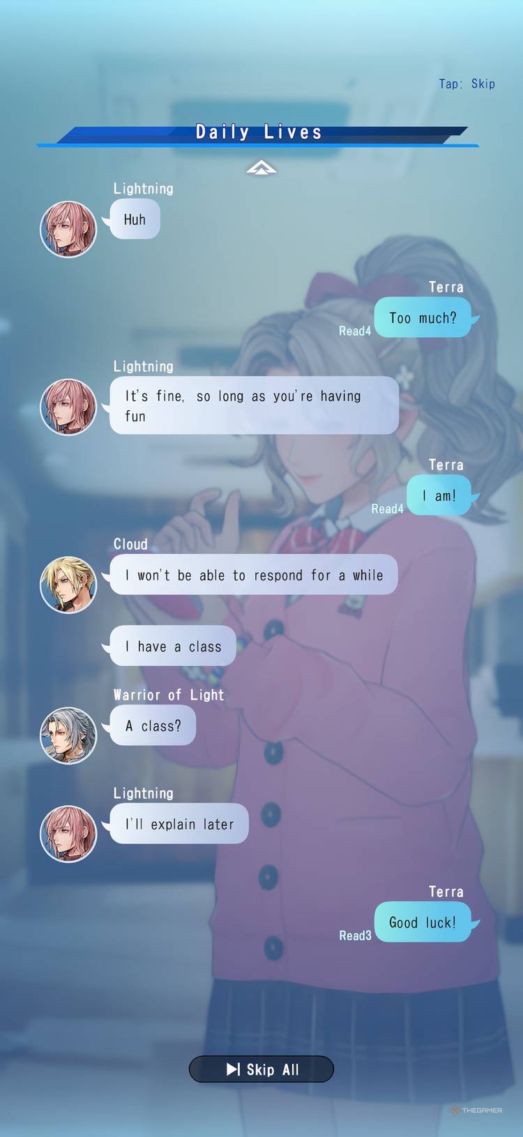 Clouds in the group chat in Dissidia Duellum Final Fantasy.