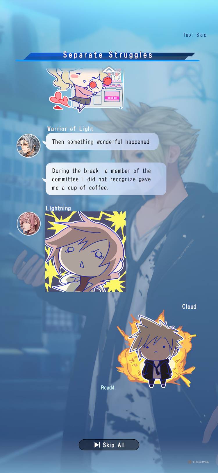 Warrior of Light in a group chat in Dissidia Duellum Final Fantasy.