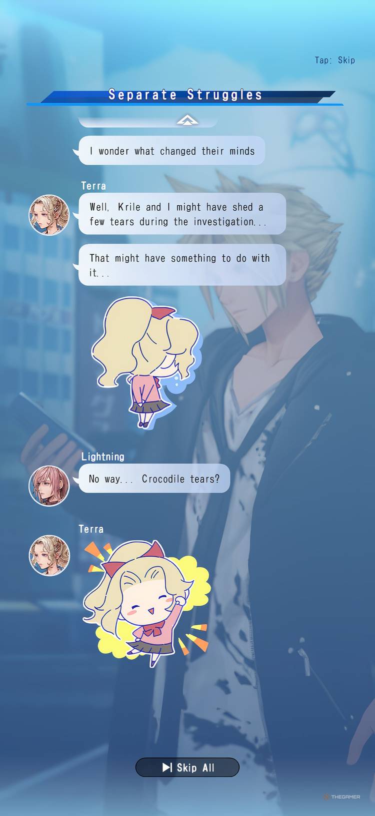 Lightning and Terra in a group chat in Dissidia Duellum Final Fantasy.