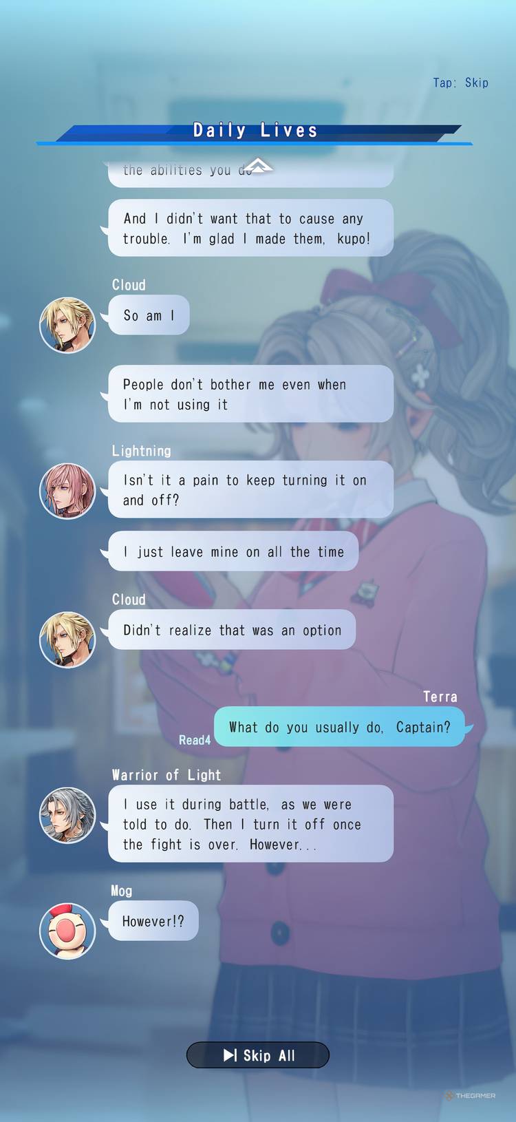 Flash in the group chat in Dissidia Duellum Final Fantasy.