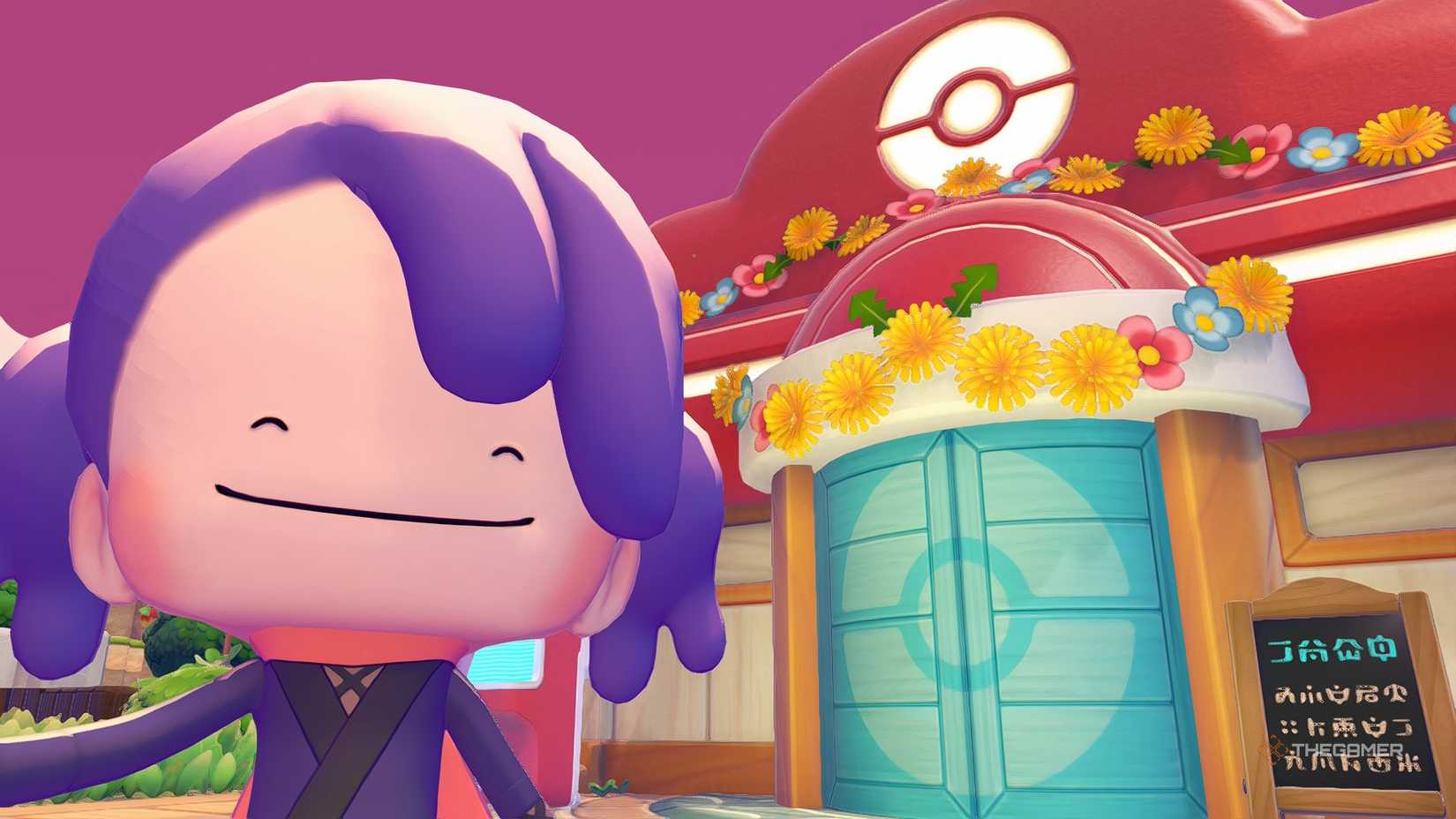 A player poses in front of a flowered Pokémon Center in Pokémon Pokopia.