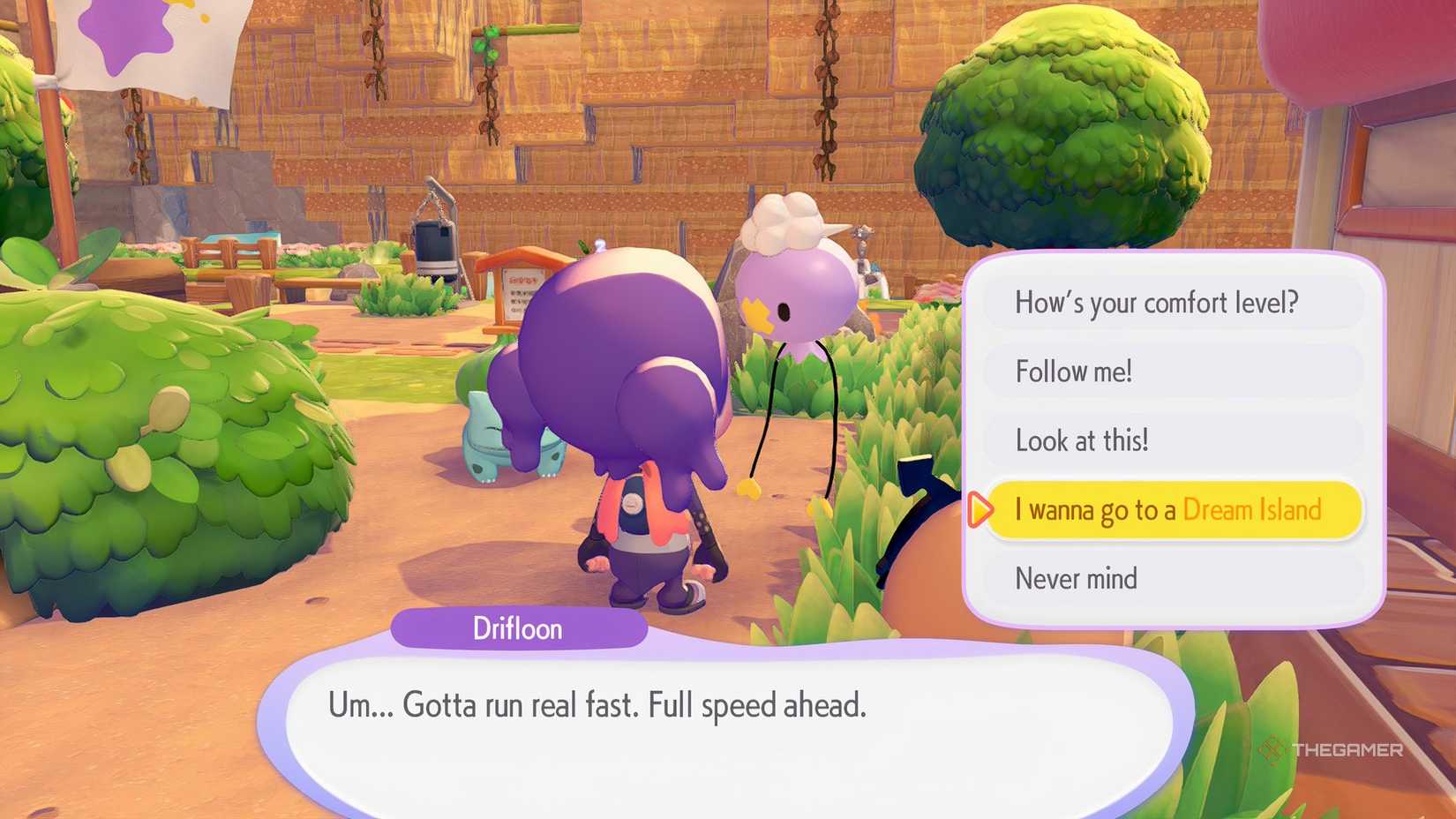 Ditto talking to Driflun about the Dream Islands in Pokemon Pokopia.