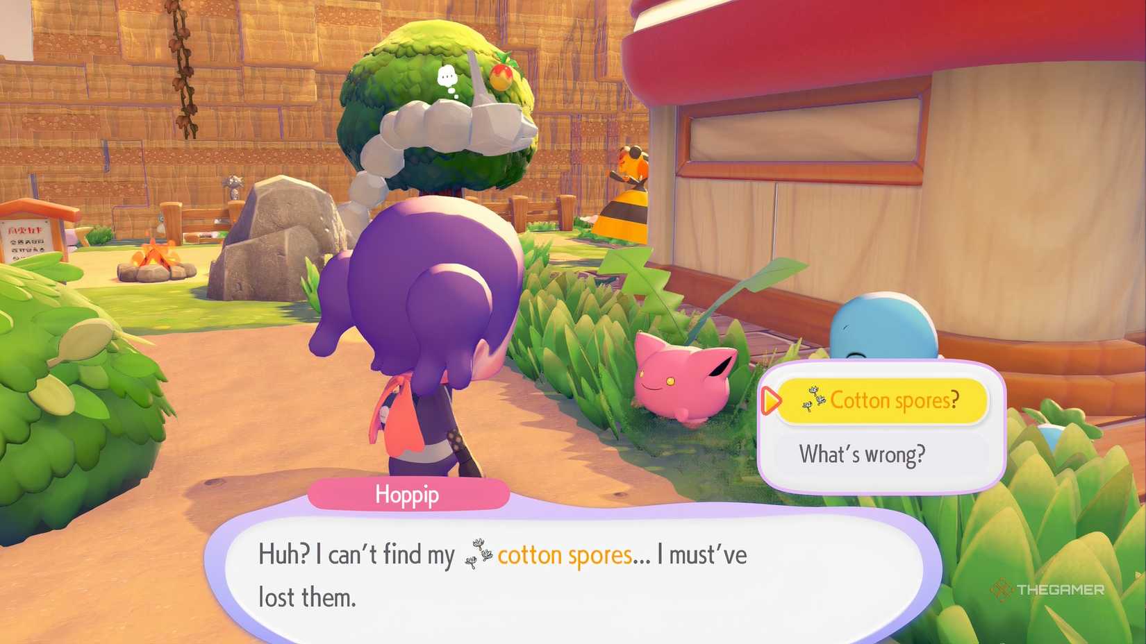 Talking to Hoppip Ditto about cotton spores in Pokemon Pokopia.