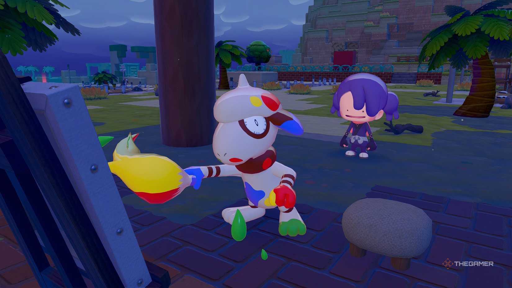 Ditto watching Smearguru paint in Pokemon Pokopia.