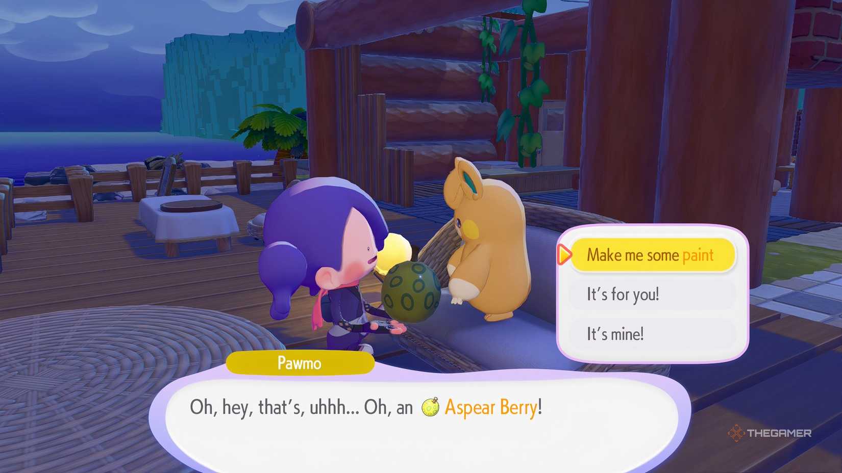 Ditto asks Pawmo for some color with Aspear Berries in Pokemon Pokopia.