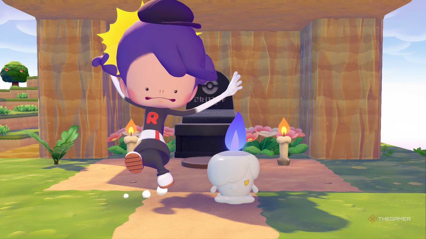 Ditto and Litwick posed together in Pokemon Pokopia.