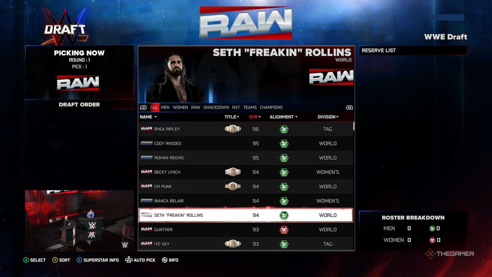 Making a draft pick with Seth Rollins highlighted in WWE 2K26.