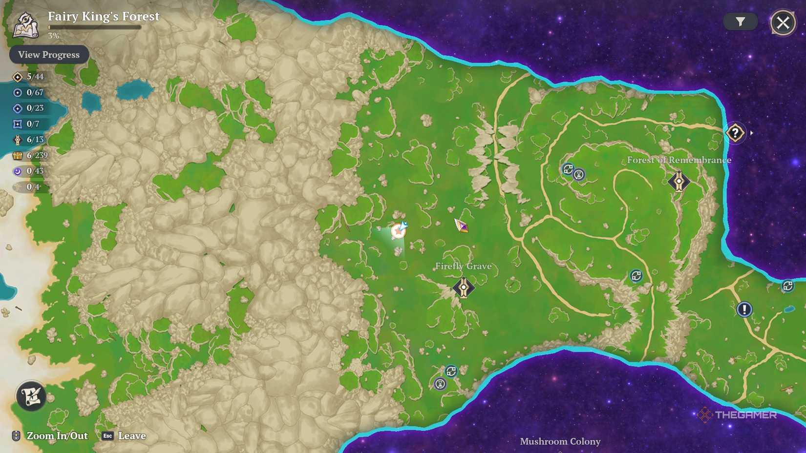 A map marker showing the locations of different elemental fireflies in The Seven Deadly Sins Origin.