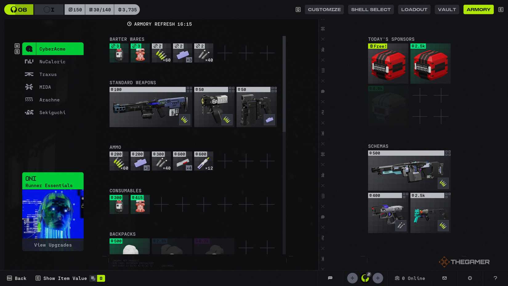 Overview of items to purchase at the CyberAcme Armory in Marathon.