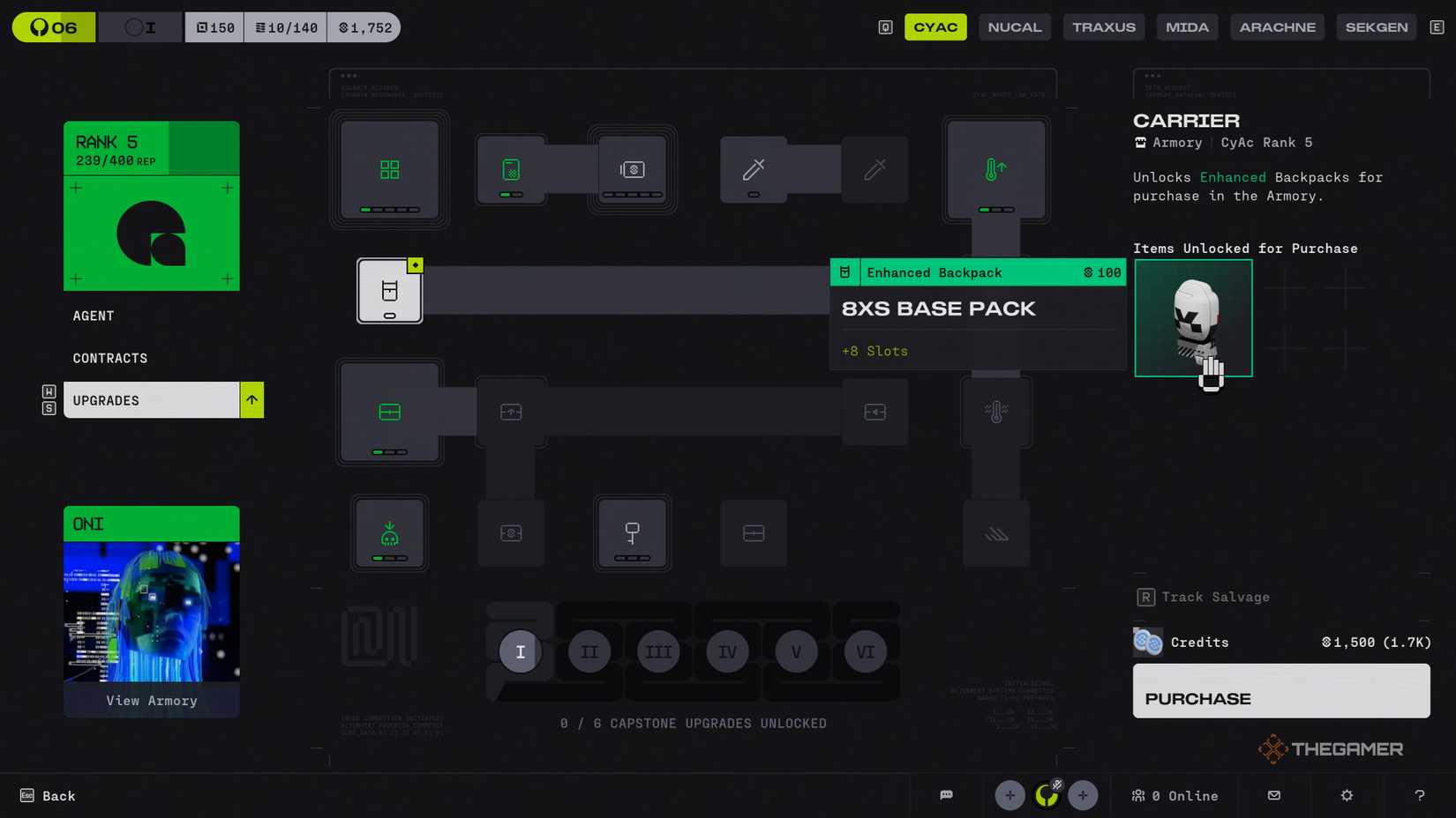 A look at the Carrier Unlock via the CyberAcme Faction unlock tree, making an Enhanced Backpack available for purchase with Credits in the Armory.