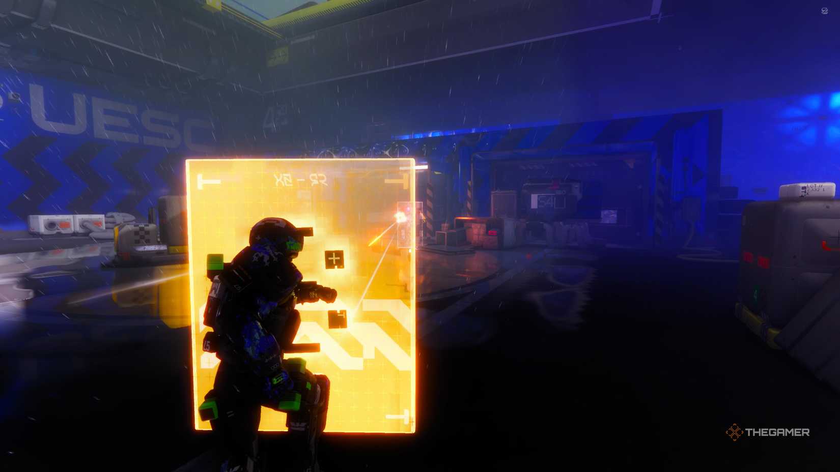 The fighter charges at an enemy with the shield activated in Marathon.