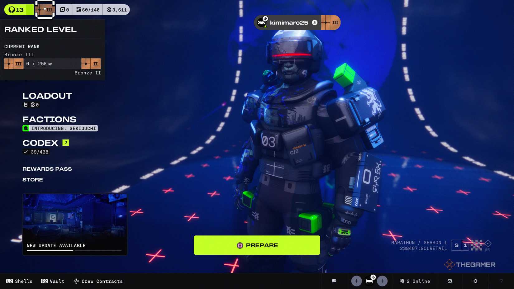 Main menu screen with an indicator showing the player's ranked level in Marathon.