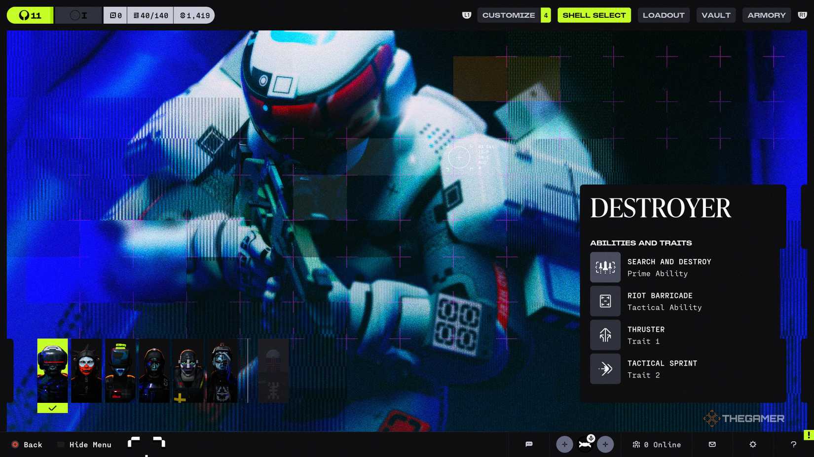 Destroyer in the Runner Shells selection screen in Marathon.