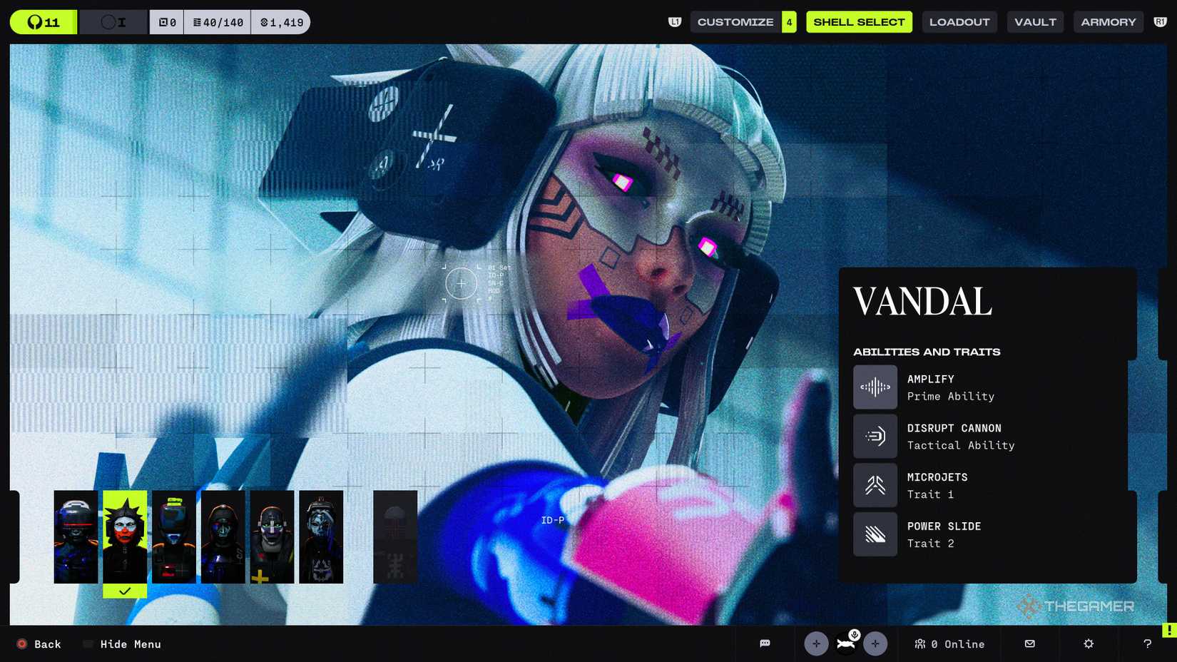 Vandal in the Runner Shells selection screen in Marathon.