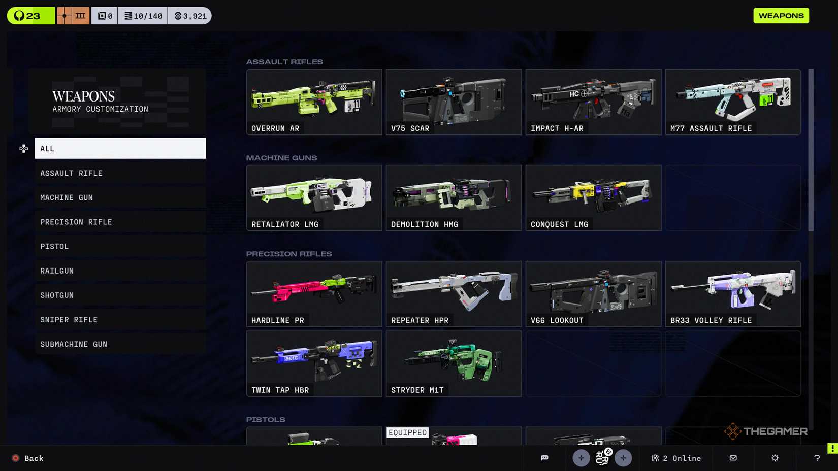 The customization menu with all the weapons that appear in Marathon.